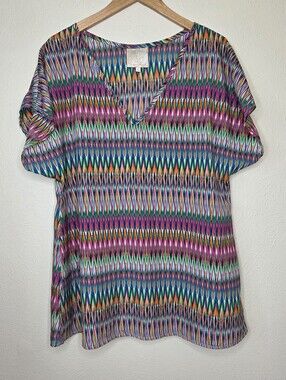 Sincerely Mary Multicolor Geometric Ikat Print Dolman Sleeve Blouse Top USA Made
